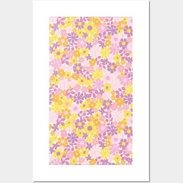 RETRO FLORAL PATTERN 70S  GROOVY PEACH PINK PURPLE YELLOW ORANGE FLOWER MARKET SCANDINAVIAN MEADOW MIDSOMMAR Wall Art by blomastudios